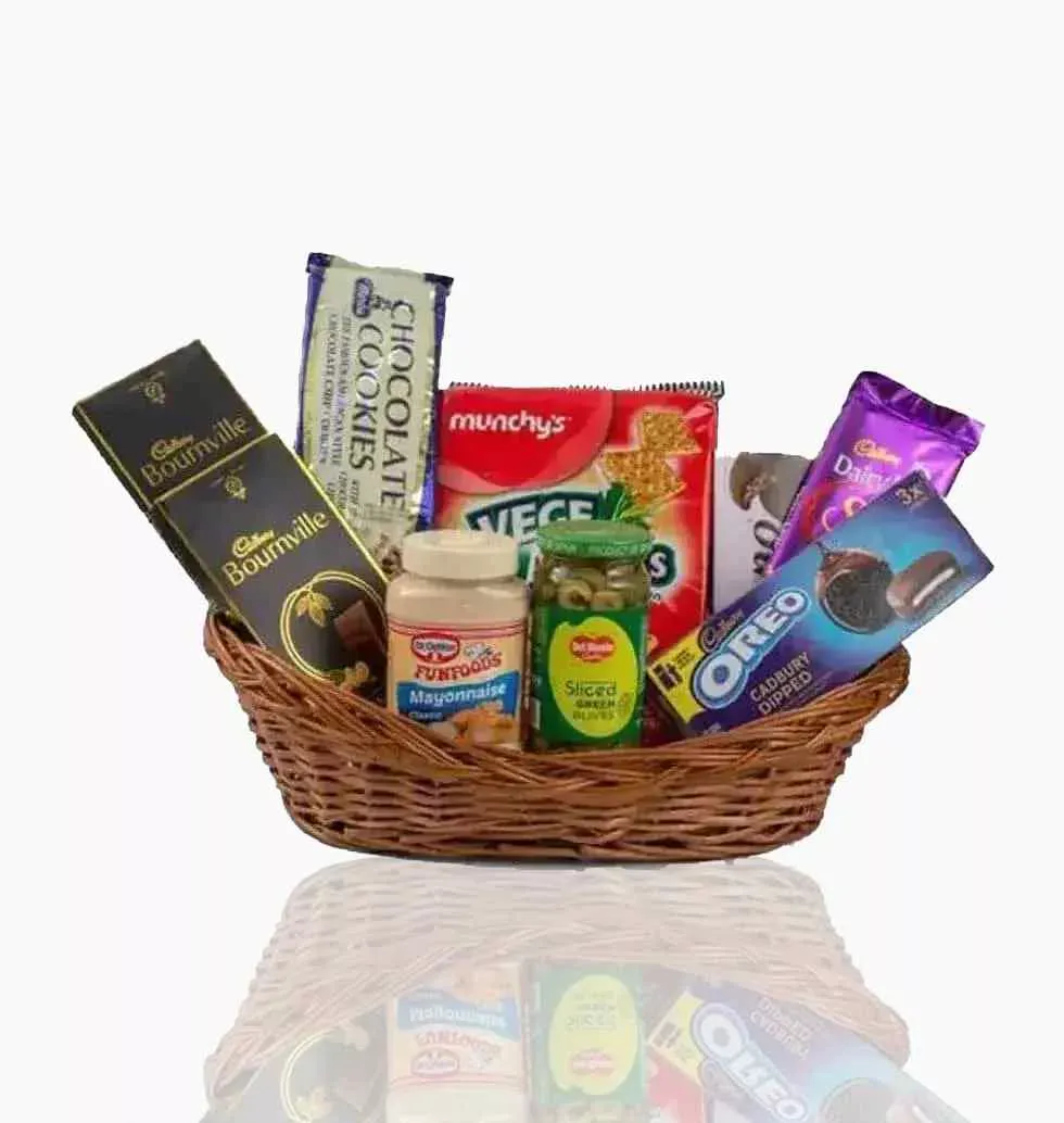 Chocolaty Snack And Munchies In A Basket