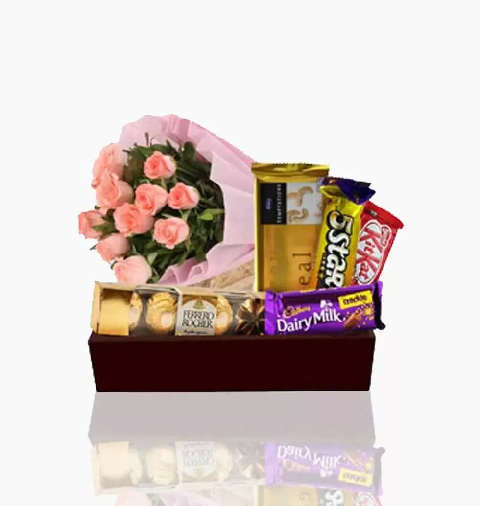 Tray Of Pink Rose Bouquet And Assorted Choclates