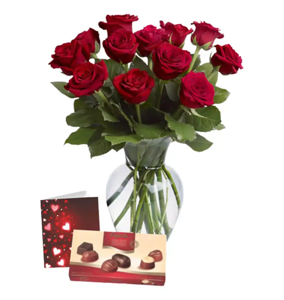 Roses, Chocolates, Vase & Card