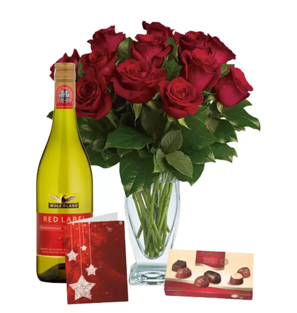 Red Roses With Bottle Of Wine