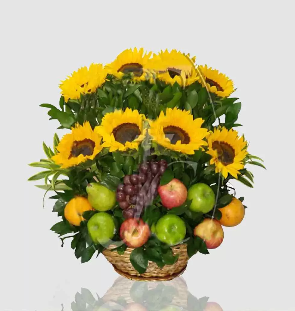 Basket Of Fruit With Sunflowers