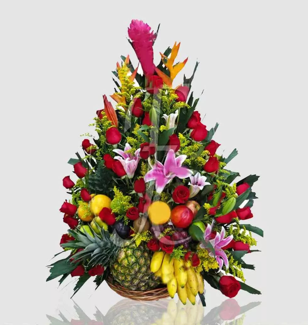 Roses And Fruits In A Basket