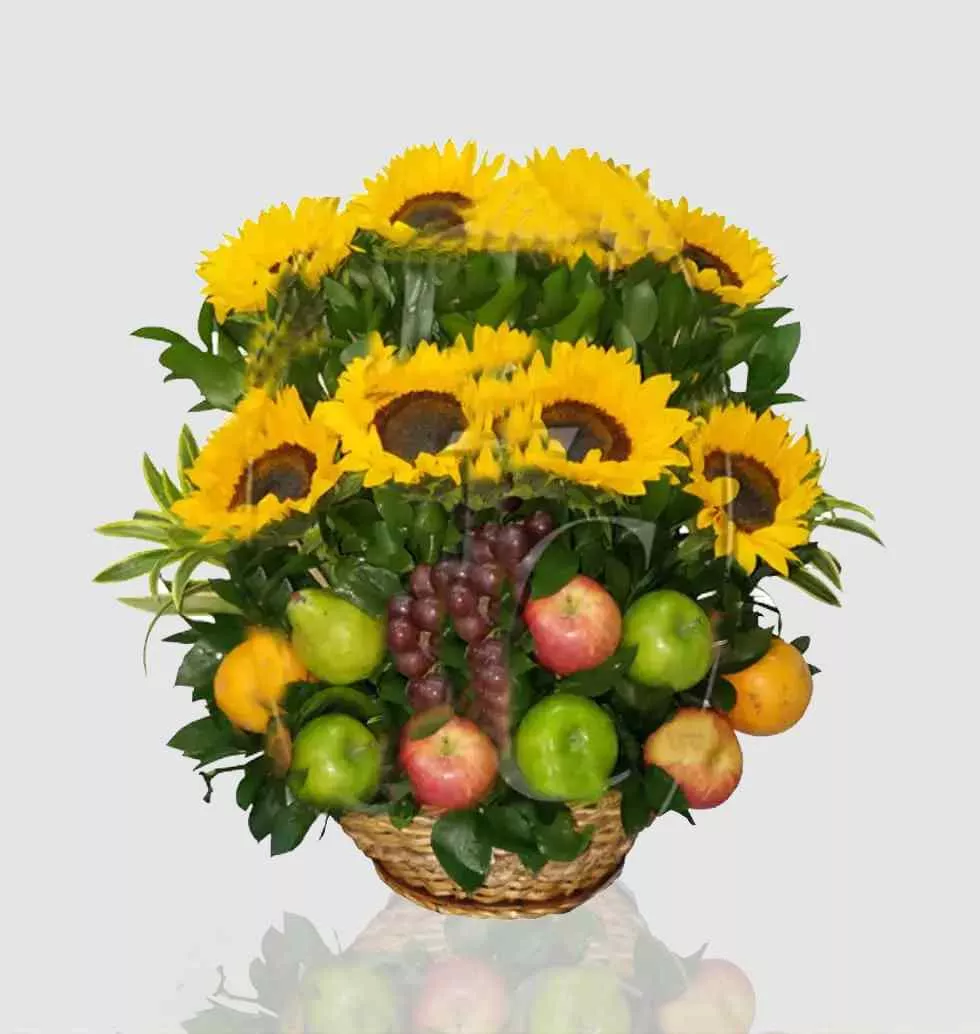Basket Of Fruit With Sunflowers
