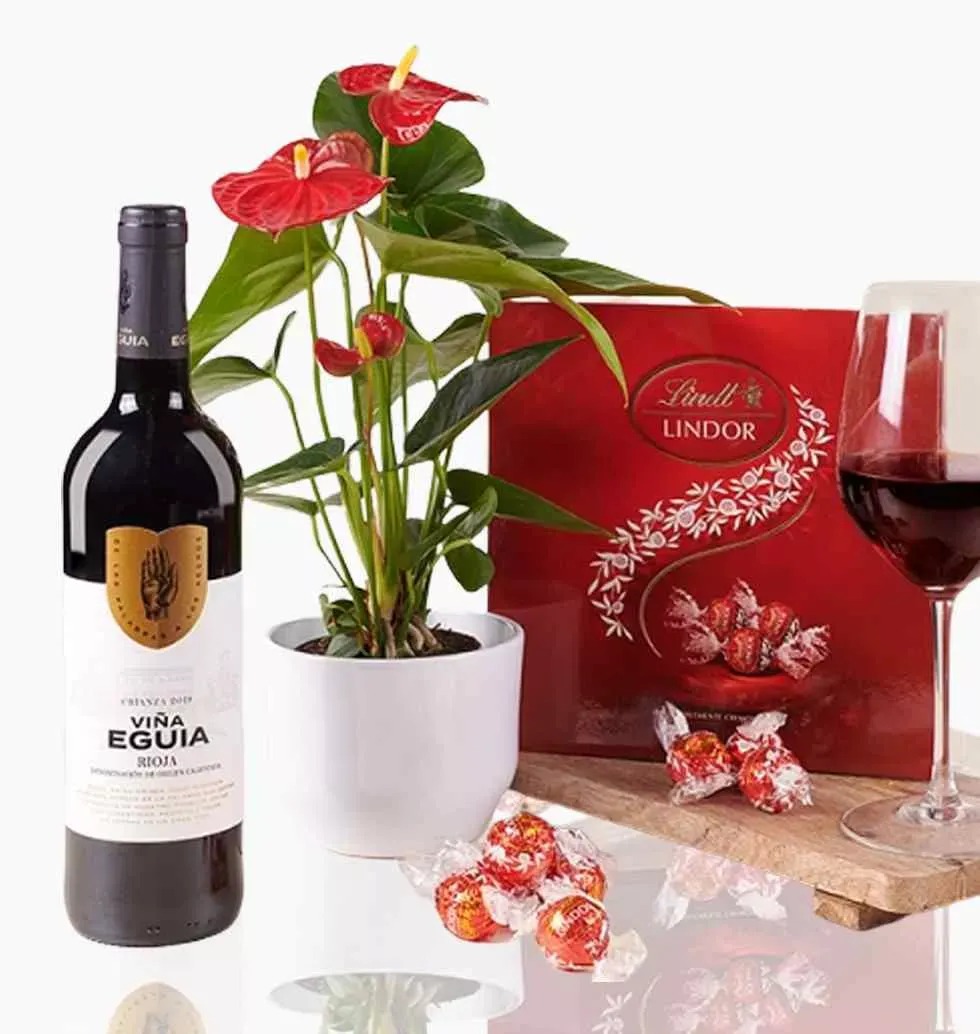 Anthurium Elegance With Wine & Chocolates