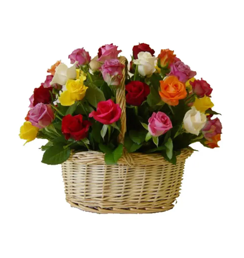 50 Multicolor Roses In A Basket