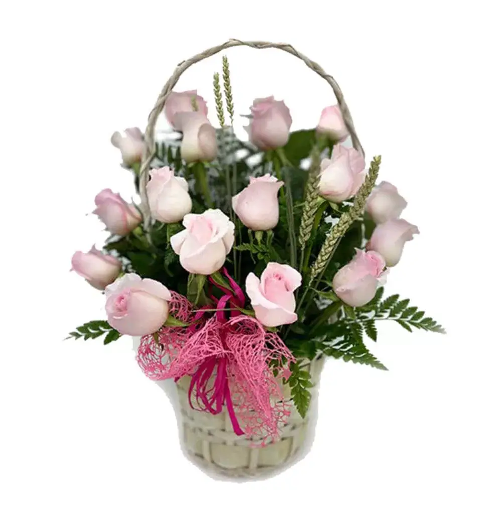 18 Pink Roses In A Basket