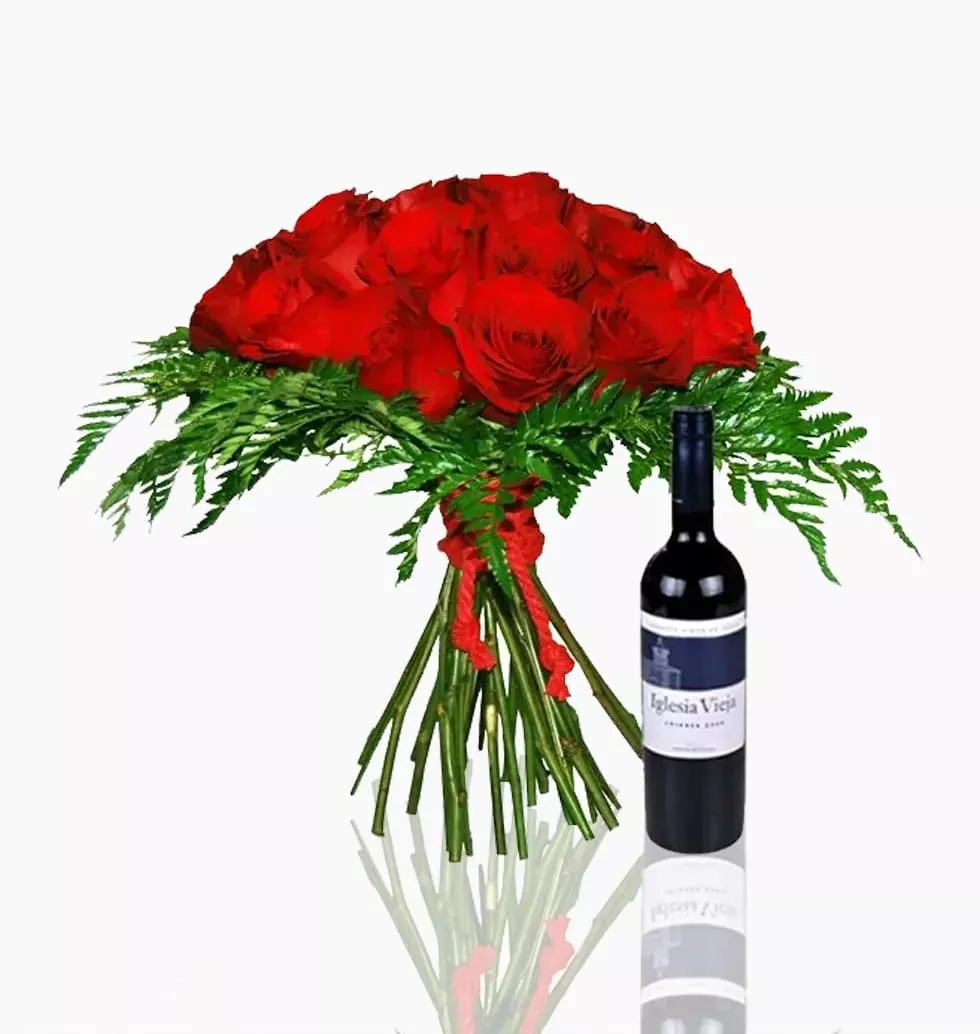 12 Red Roses & Wine Bouquet