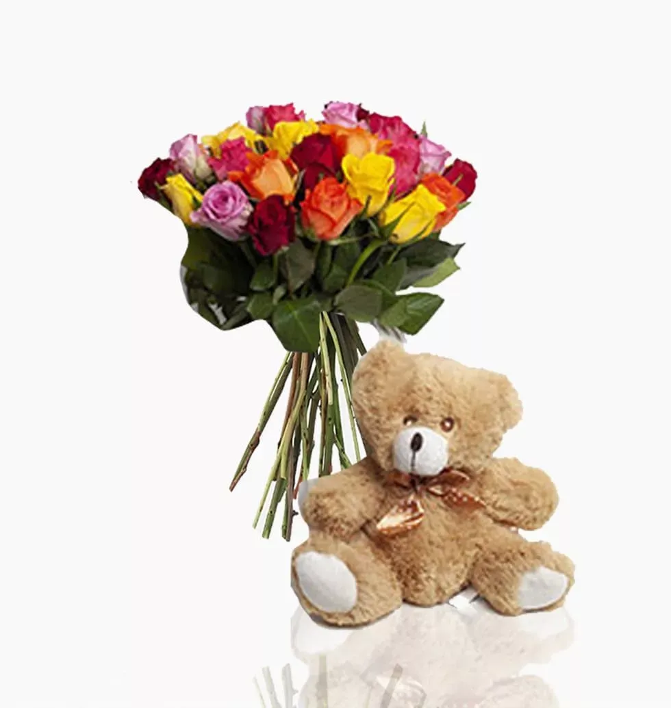 30 Multicolored Roses With Teddy