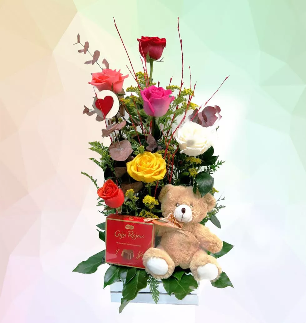Roses With Chocolate & Teddy Bear