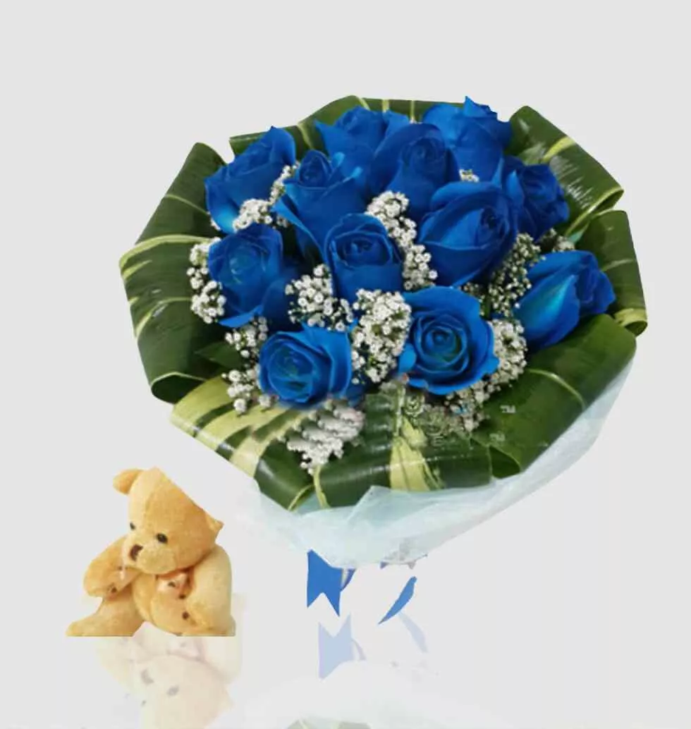 Blue Roses With Teddy Bear