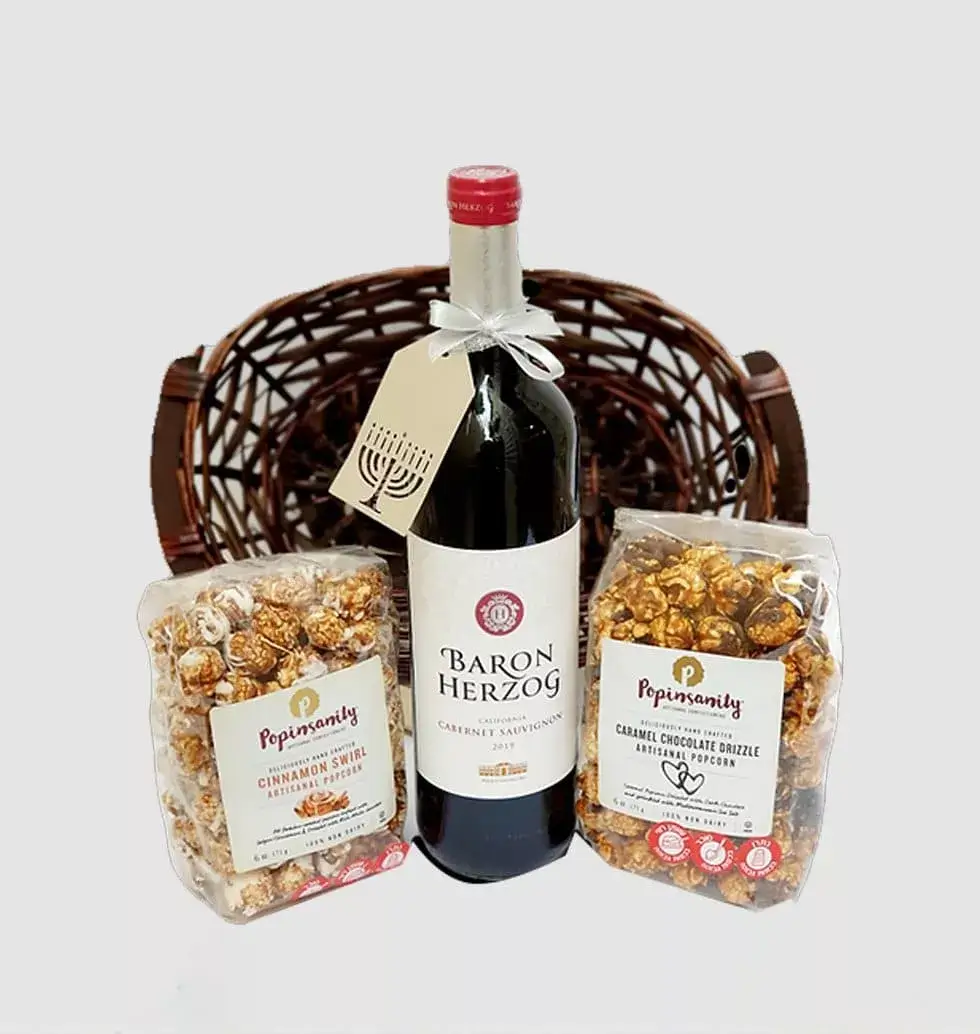 Basket Of Wine And Popcorn