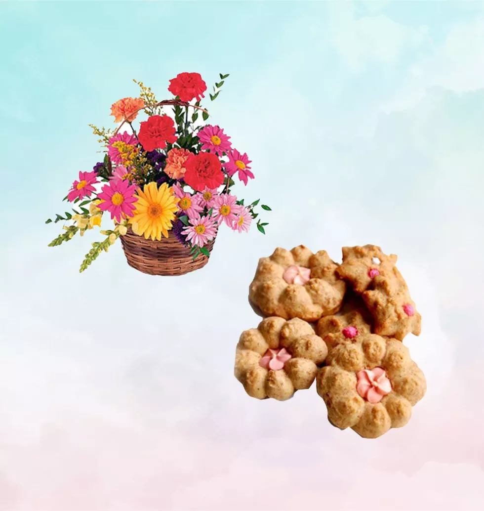 Seasonal Flowers And Biscuits Basket