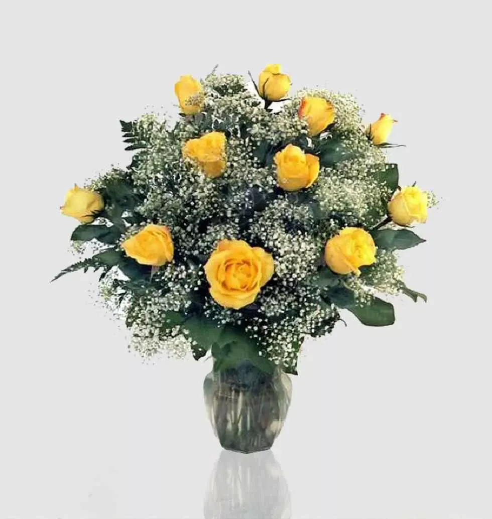 Gifts Of Baby'S Breath With 12 Yellow Roses