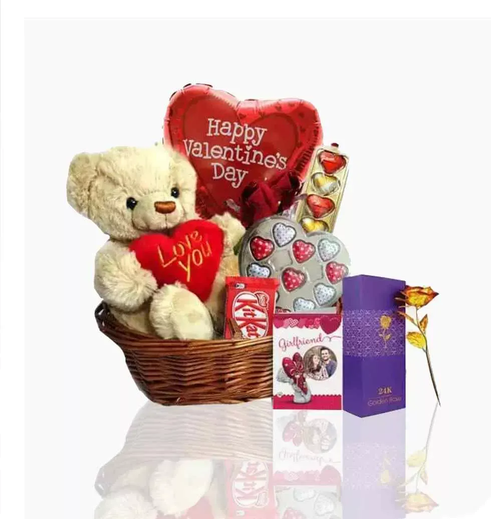 Assorted Chocolates And Teddy Valentine Basket