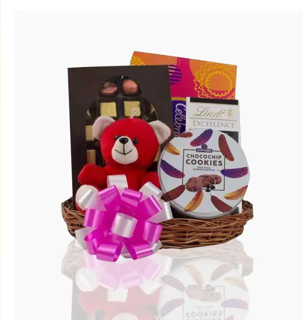 Basket With Teddy And Chocolates