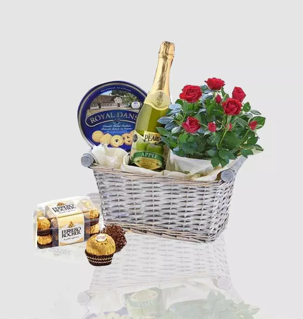 Basket With Red Rose Bunch