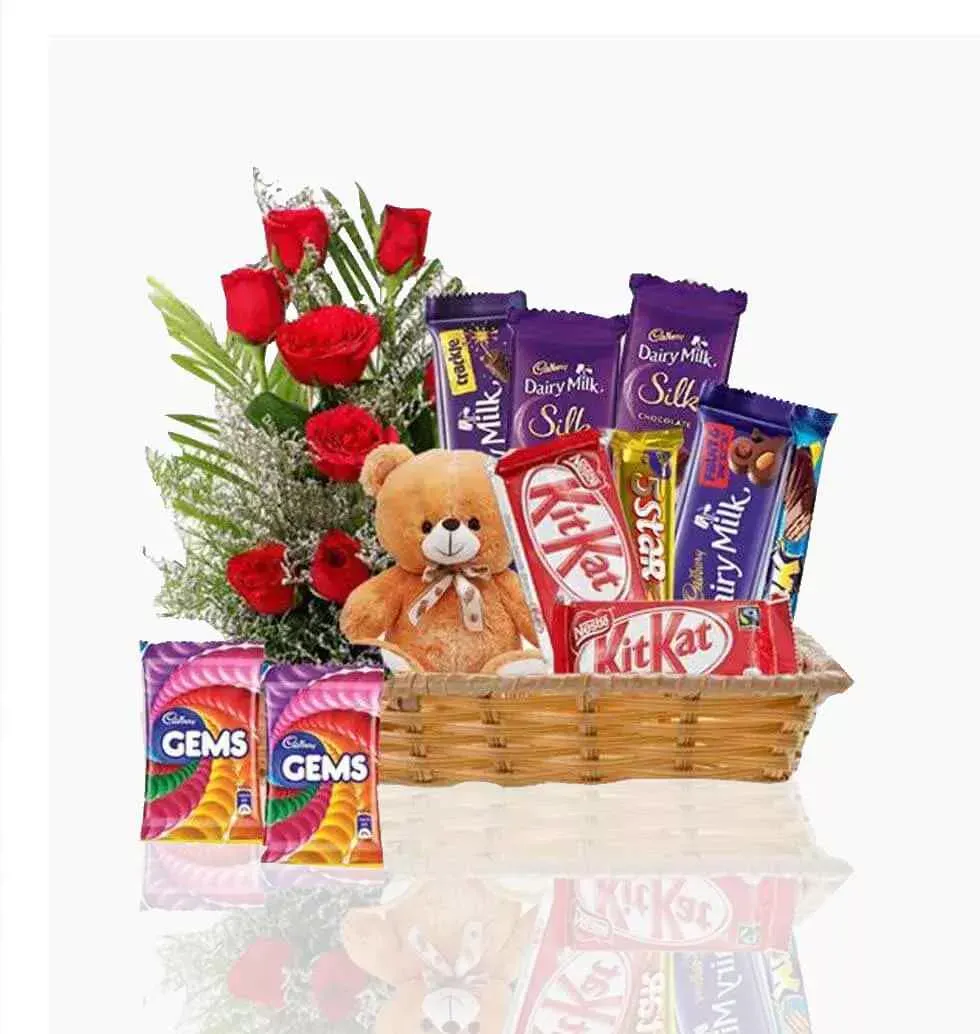 A Red Roses And Chocolates Gift Basket