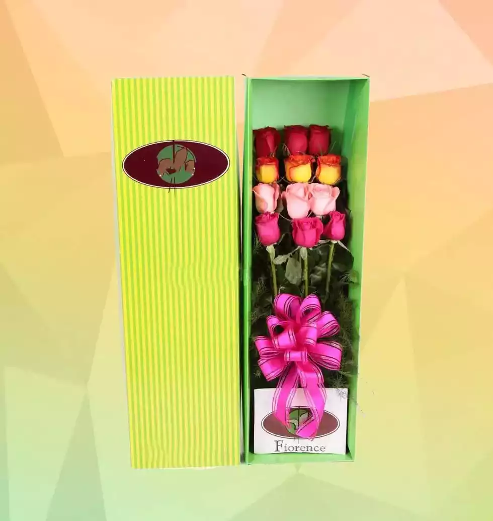 12 Colorful Roses In A Box