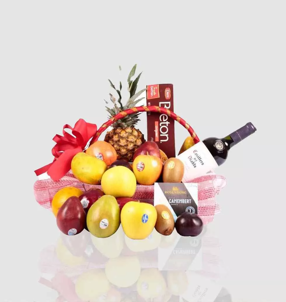 Basket Of Gourmet Wine, And Fruits