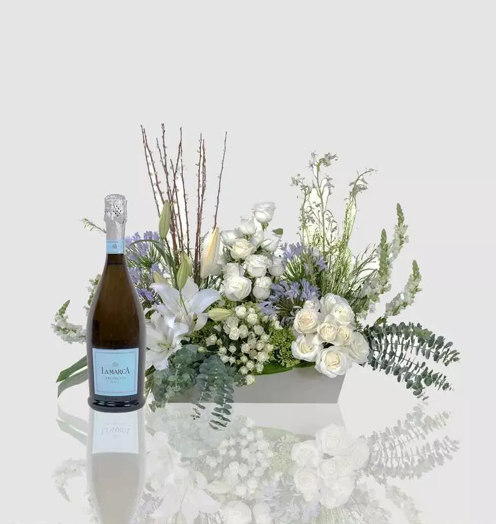Elegant Bliss Flower Bouquet with Sparkling Prosecco