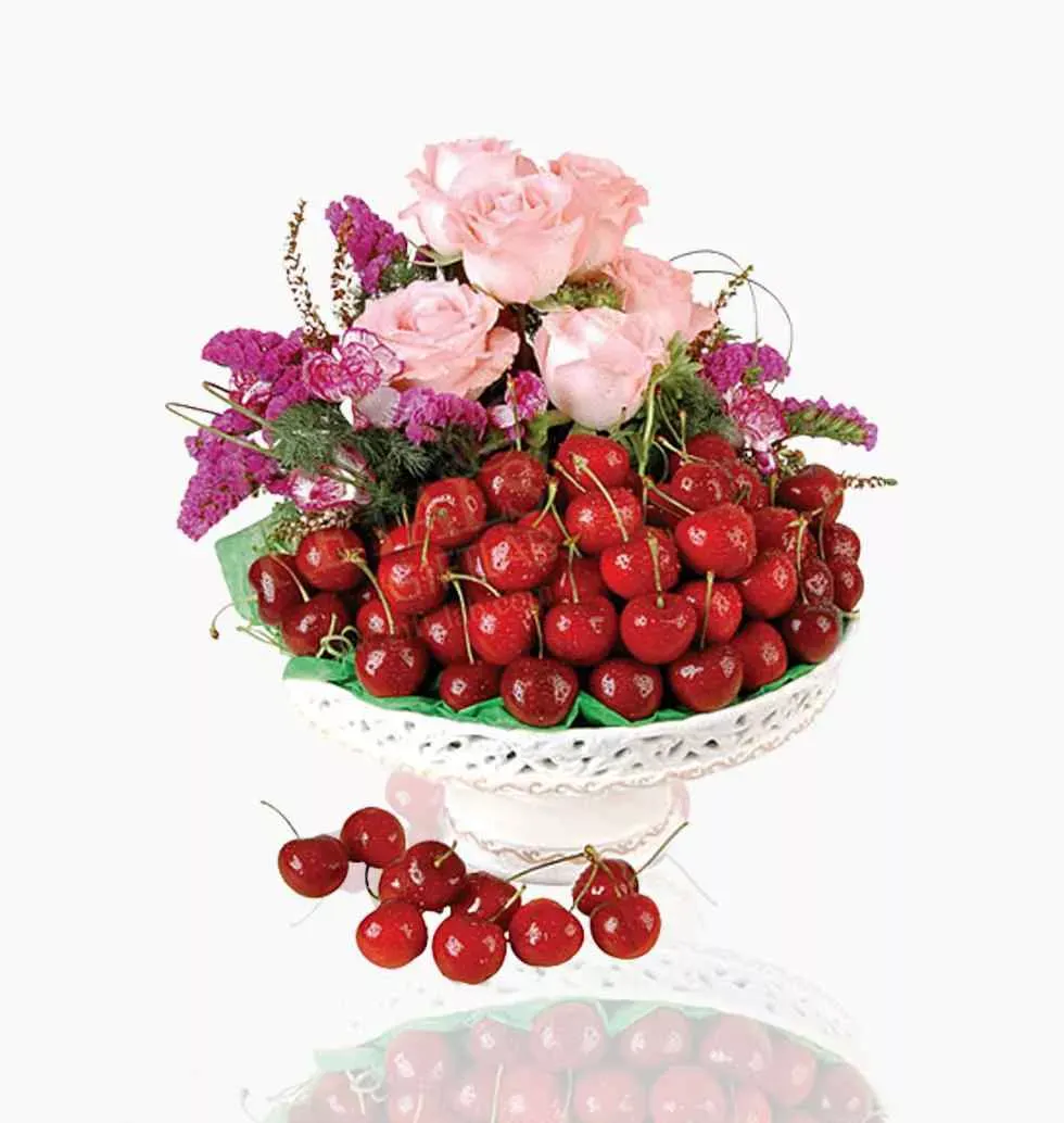 Cherry Fruits Tray with Flowers