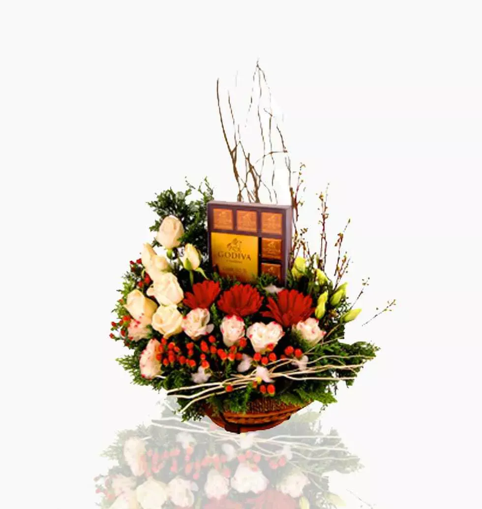 Basket Of Godiva Praline With Roses