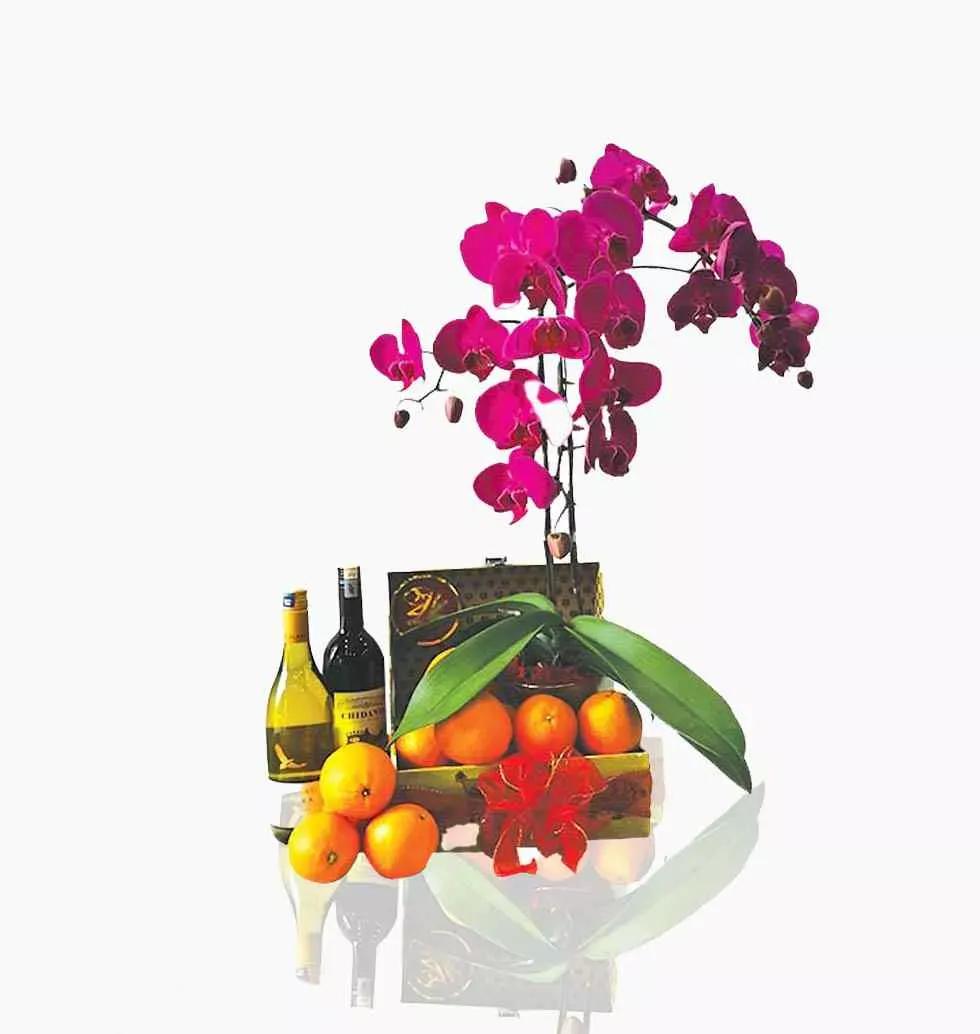 Orchids, Fruits & Wine Arrangement