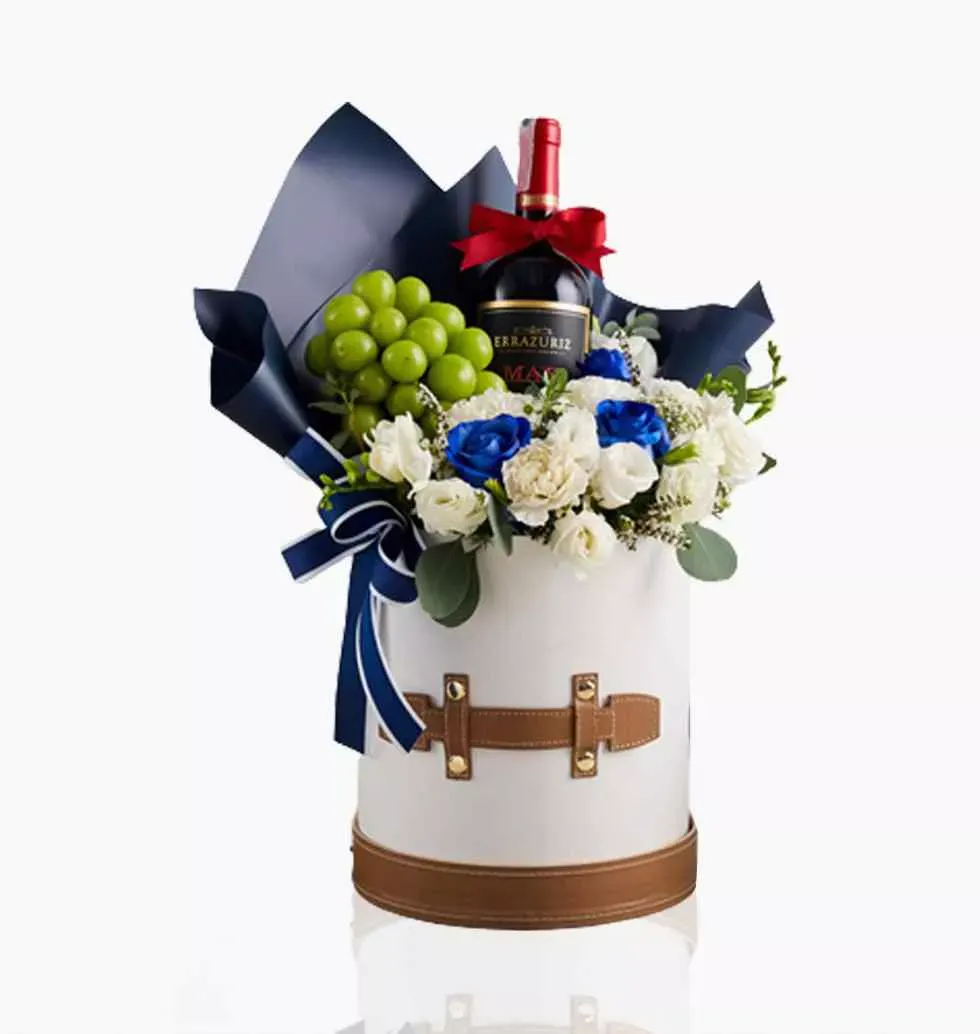 Exotic Wine Basket With Flowers