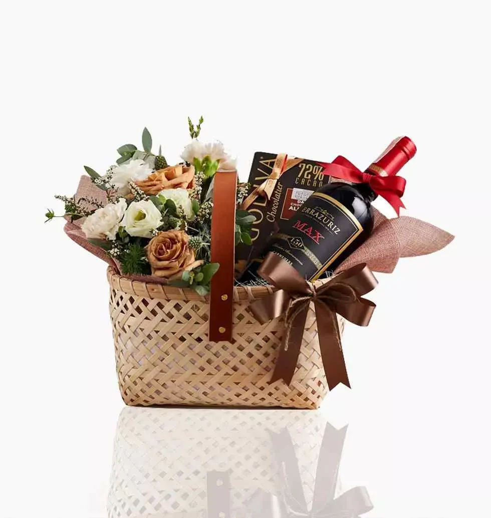 Flowers Decorated Wine Gift Basket