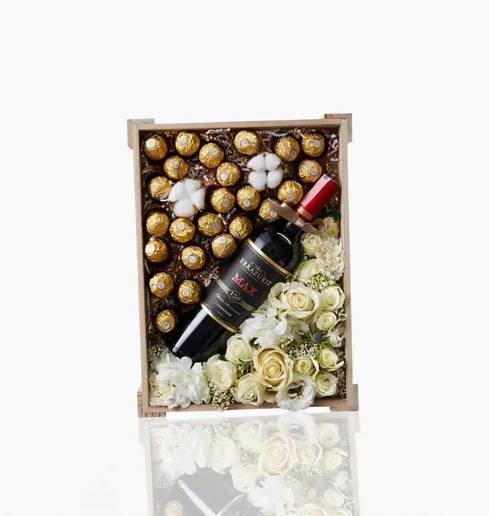 Wine Chocolate And Flowers Basket