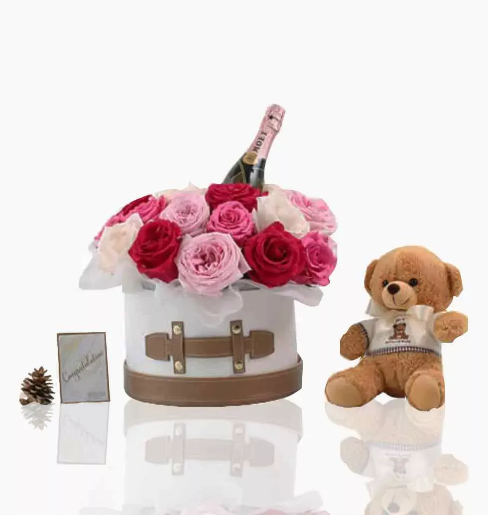 Champagne, Teddy Bear, Flower Gift Box