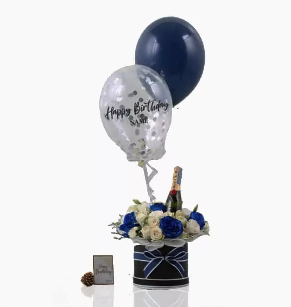 Hamper With Flowers, Champagne, Balloons