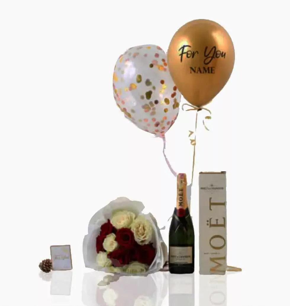 Gift Set Of Flowers, Champagne, Balloons