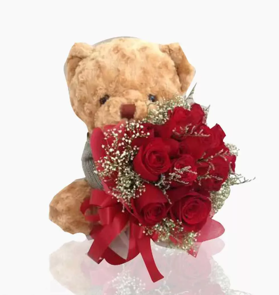 Teddy Bear And Red Roses