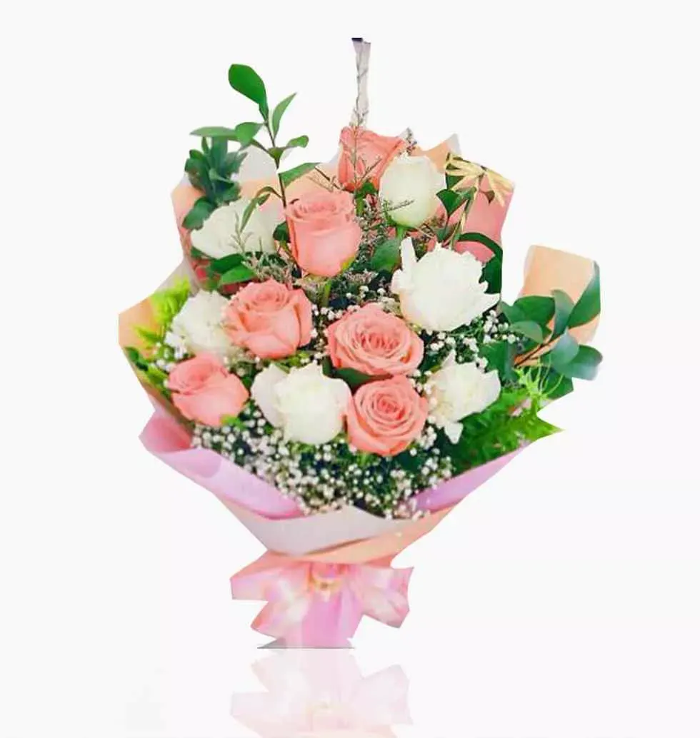Bunch Of White ,Peach Roses