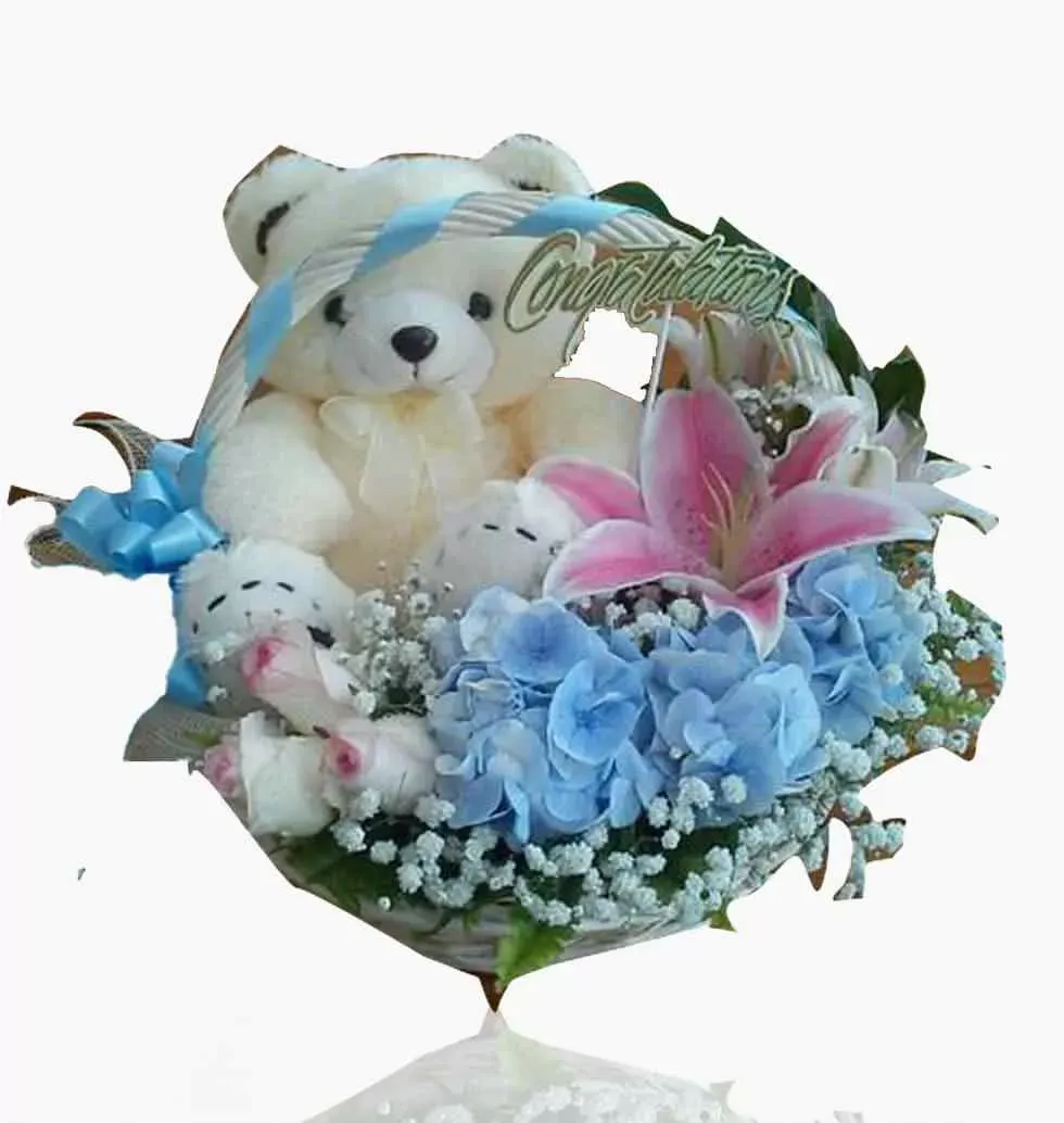 Teddy Bear Basket With A Choice Of Blooms