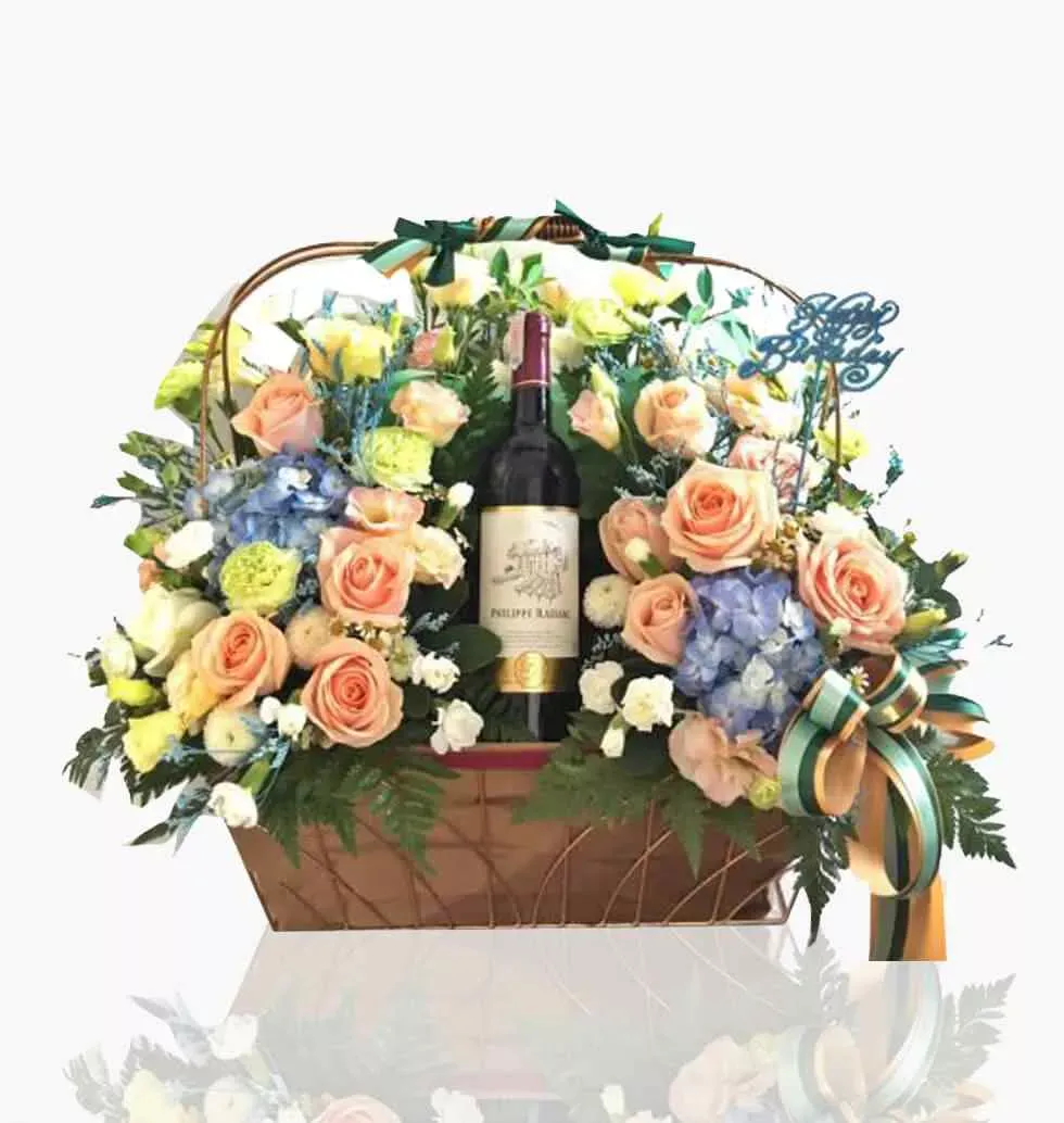 Vase Of Roses With Wine Basket