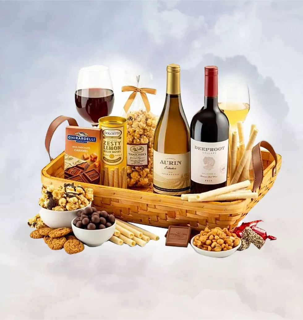 Red & White Wine With Savoury And Sweets Basket