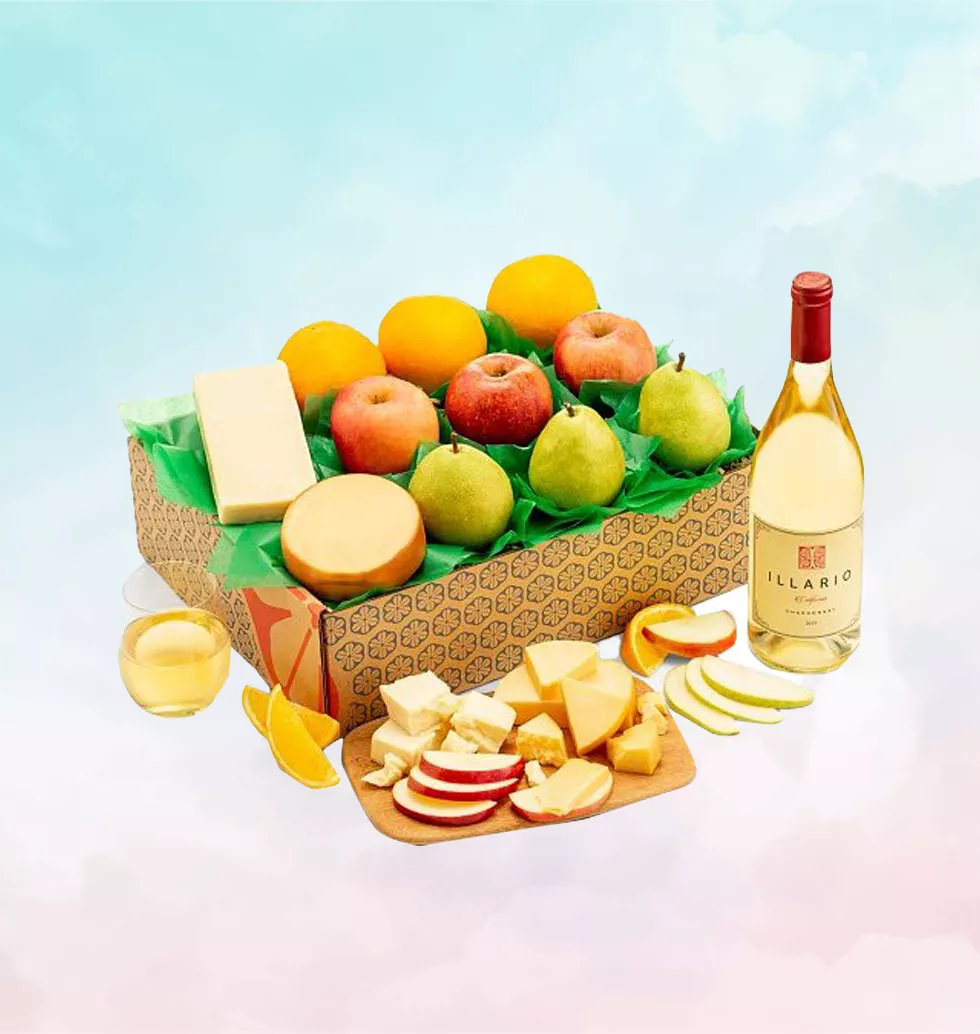 Perfect Fresh Fruits Basket With Cheese And Wine