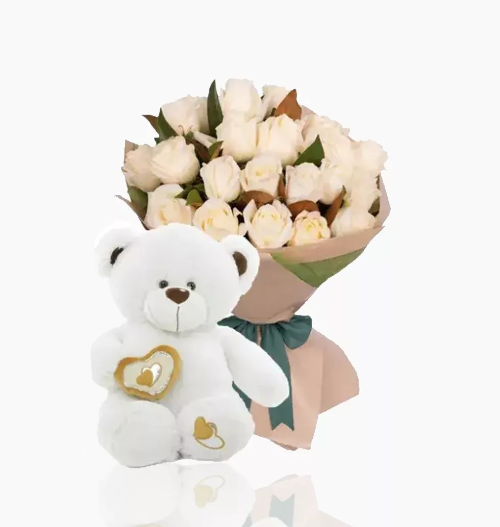 White Roses with Teddy